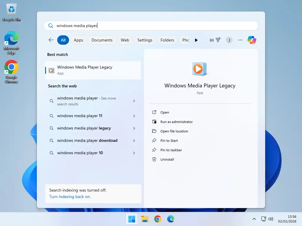 Windows Media Player on Windows 11 Searching for Windows Media Player on Windows 11.