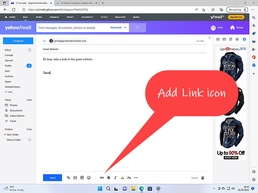 Yahoo Mail Add link icon (button) is indicated by a callout.