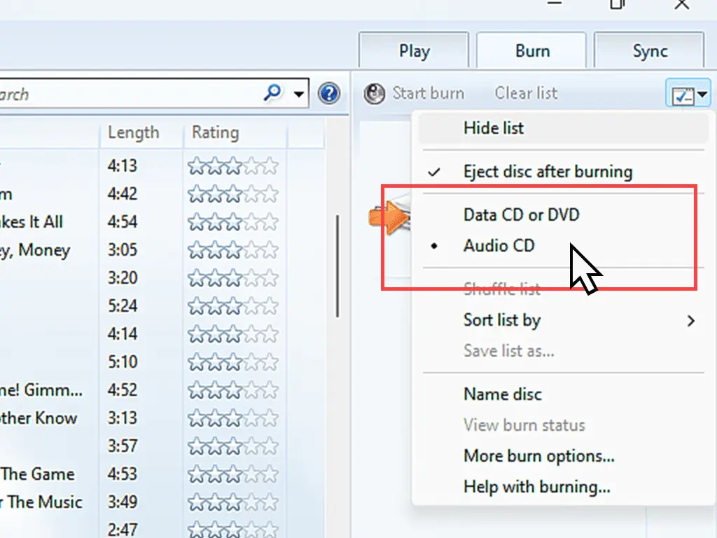 Burn audio CD option selected.