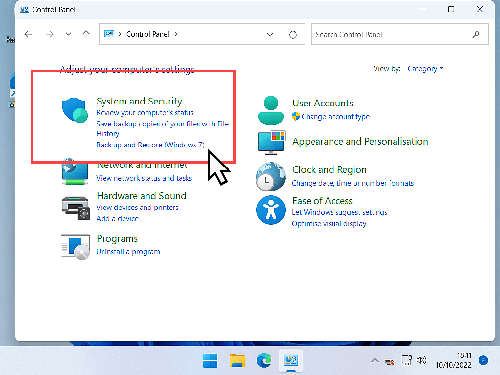 Windows 11 Control Panel open in Category view. Backup and Restore (Windows 7) is marked.