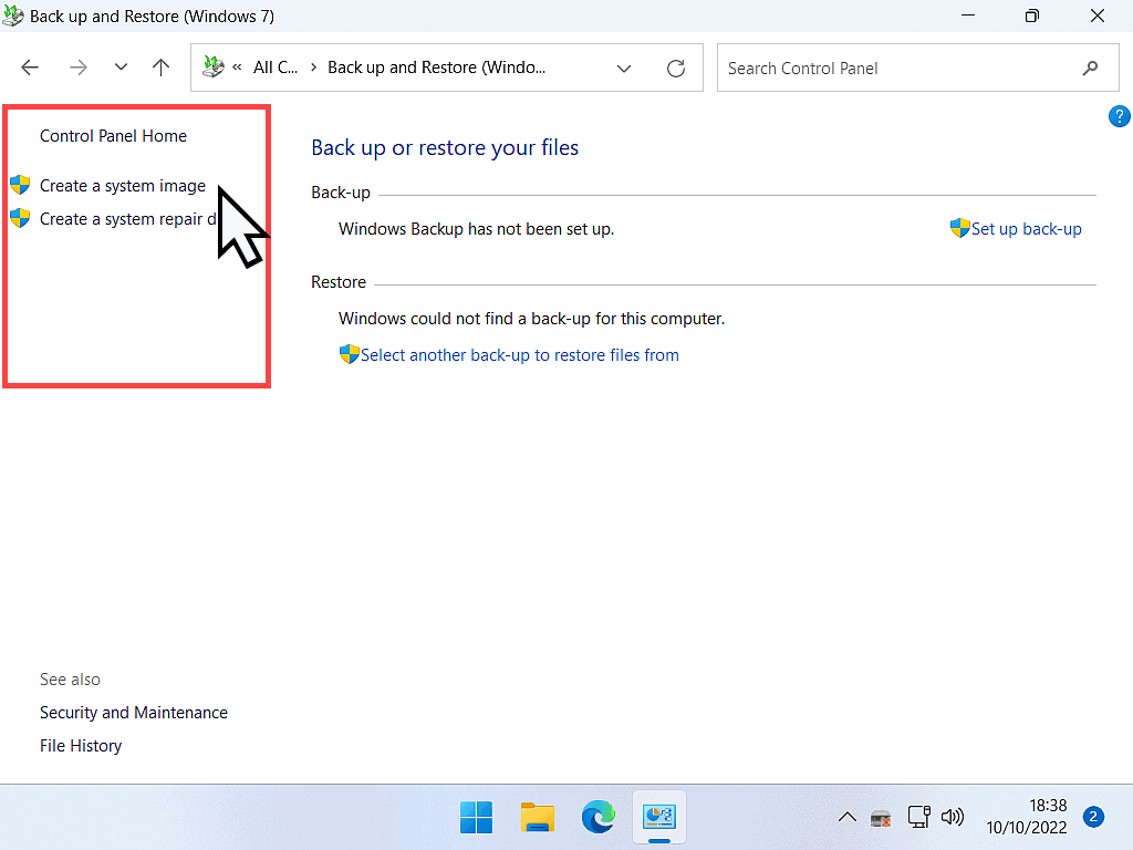 Create a system image option marked.