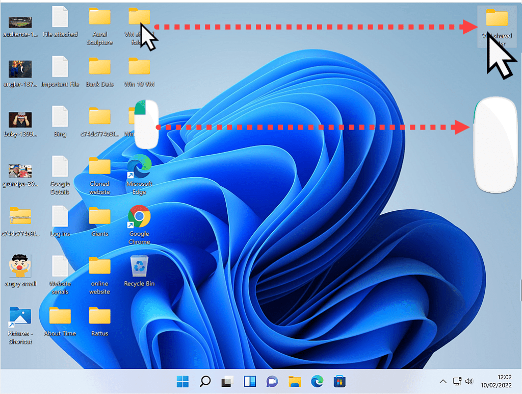 A folder icon is being dragged across the desktop to a new location.