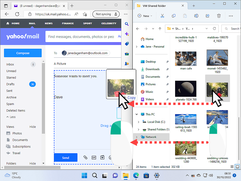 Image being dragged from Pictures folder to Yahoo Mail.