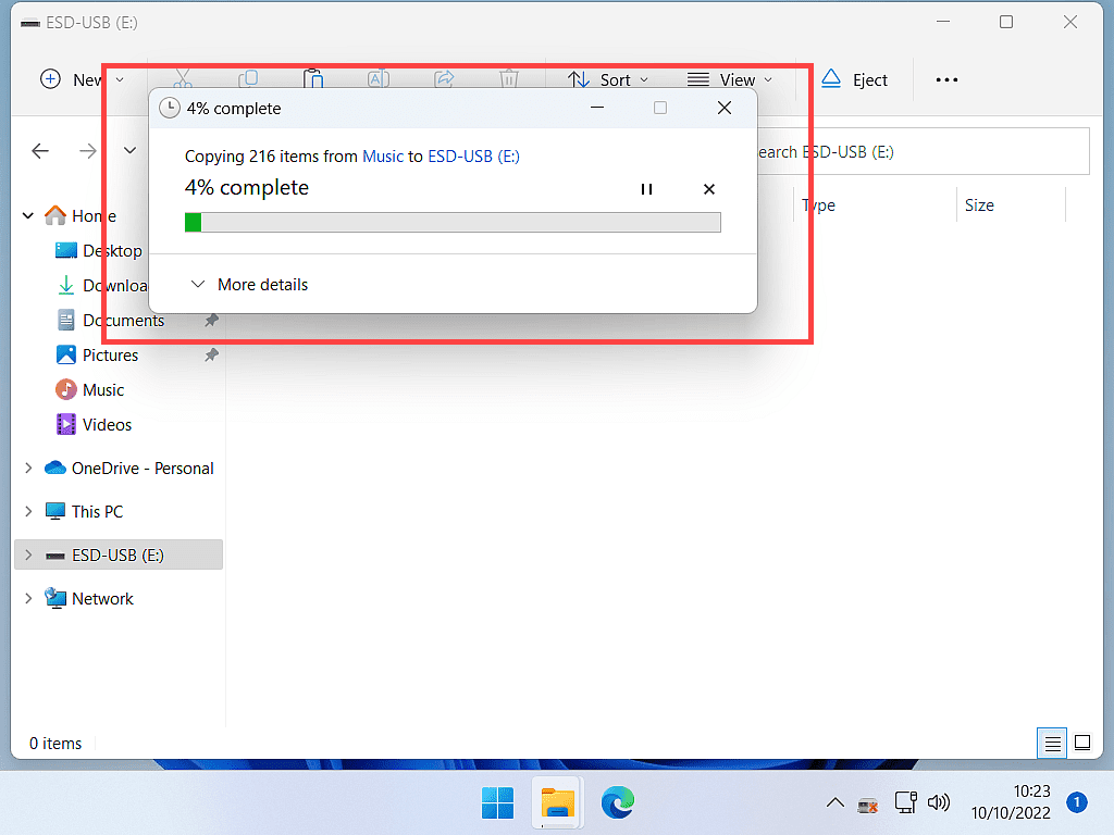 Folder copy progress bar is highlighted.