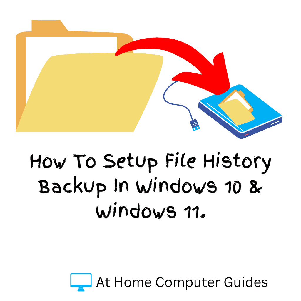 Computer folder with an arrow pointing toward an external USB hard drive. Text reads 