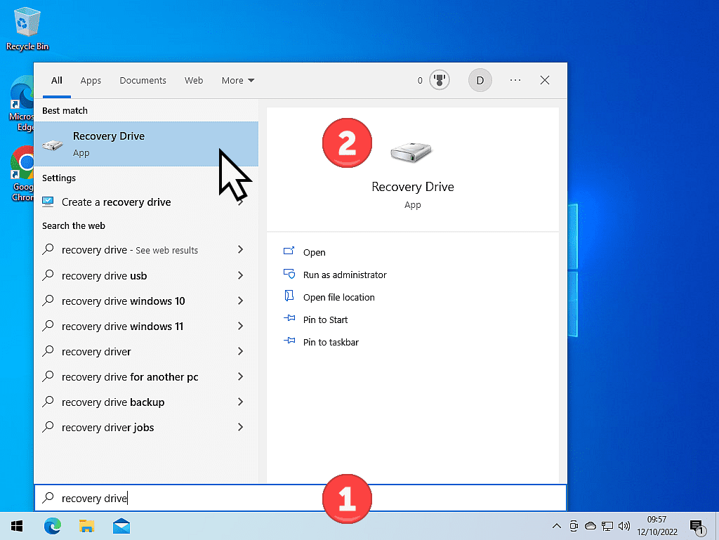 Recovery Drive indicated in Windows 10