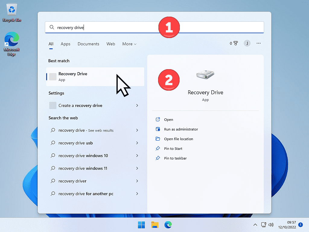 Recovery Drive marked on Windows 11 search results.