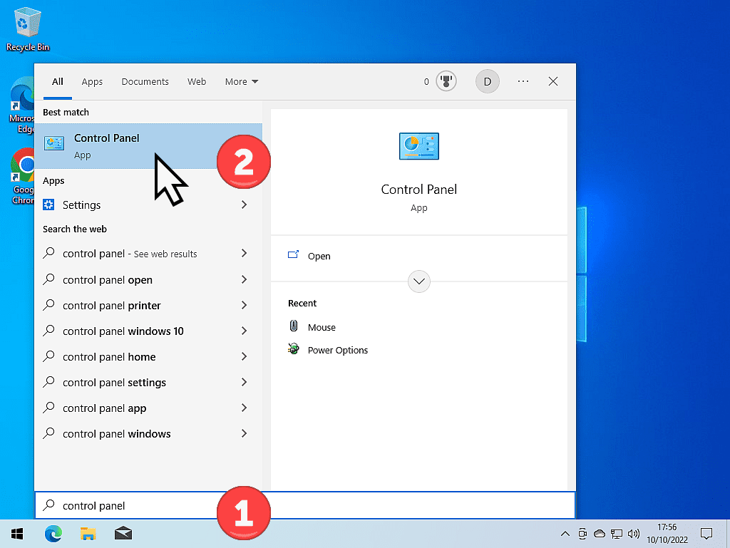 Control Panel app is highlighted in Windows 10 search menu.