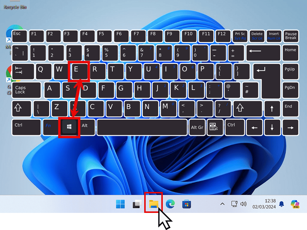 On a UK layout keyboard, the Windows key and letter E are highlighted.