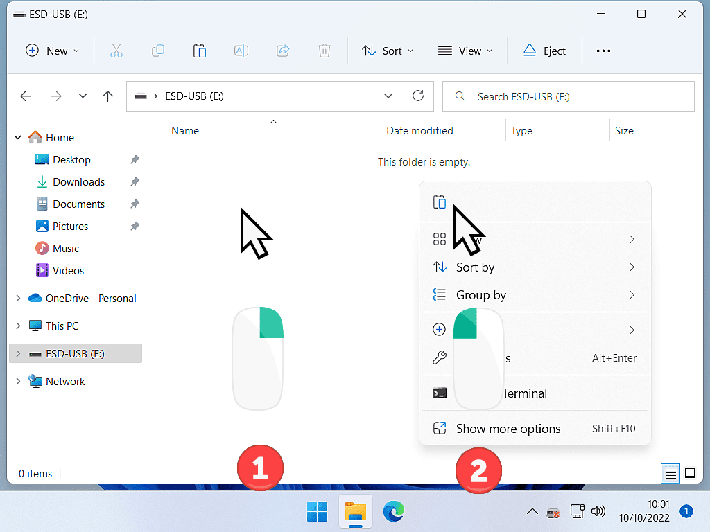 File Explorer window open. Options menu open and Paste icon indicated in Windows 11.