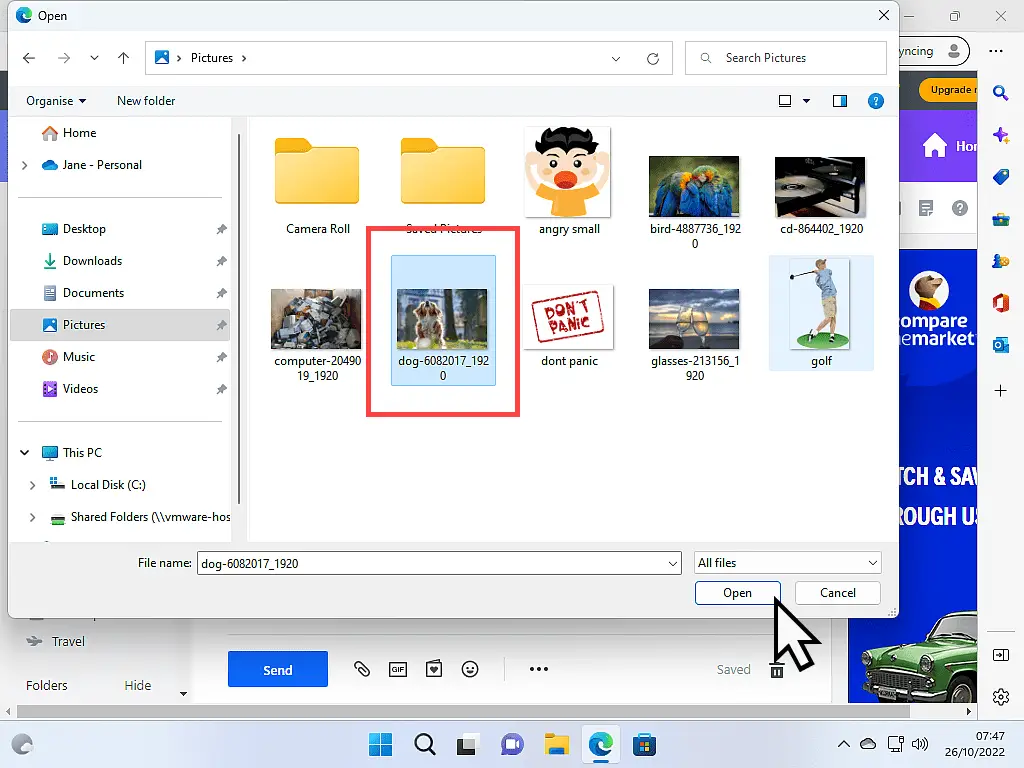 A file to be attached is highlighted and the Open button is indicated.