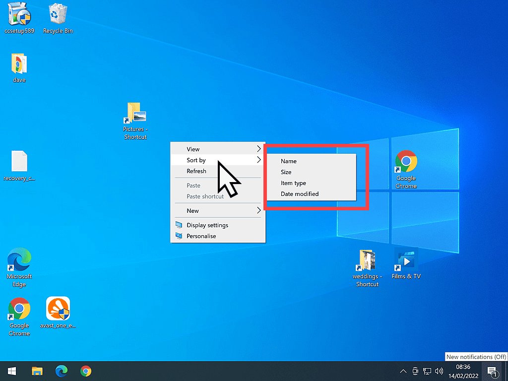 The Sort By options are highlighted on a Windows 10 Desktop