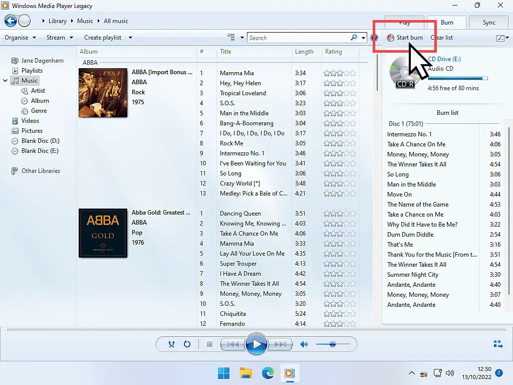 Start Burn button indicated in Windows Media Player.