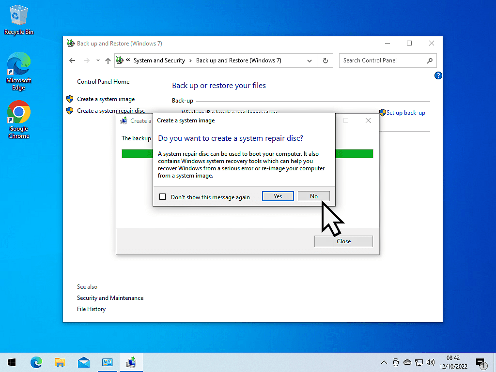 System reapir disc option window. The No button is indicated.