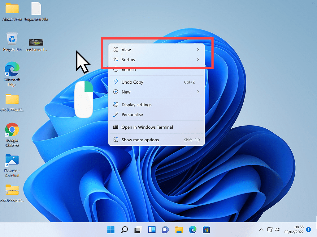 View and Sort by indicated on Windows 11 options menu.