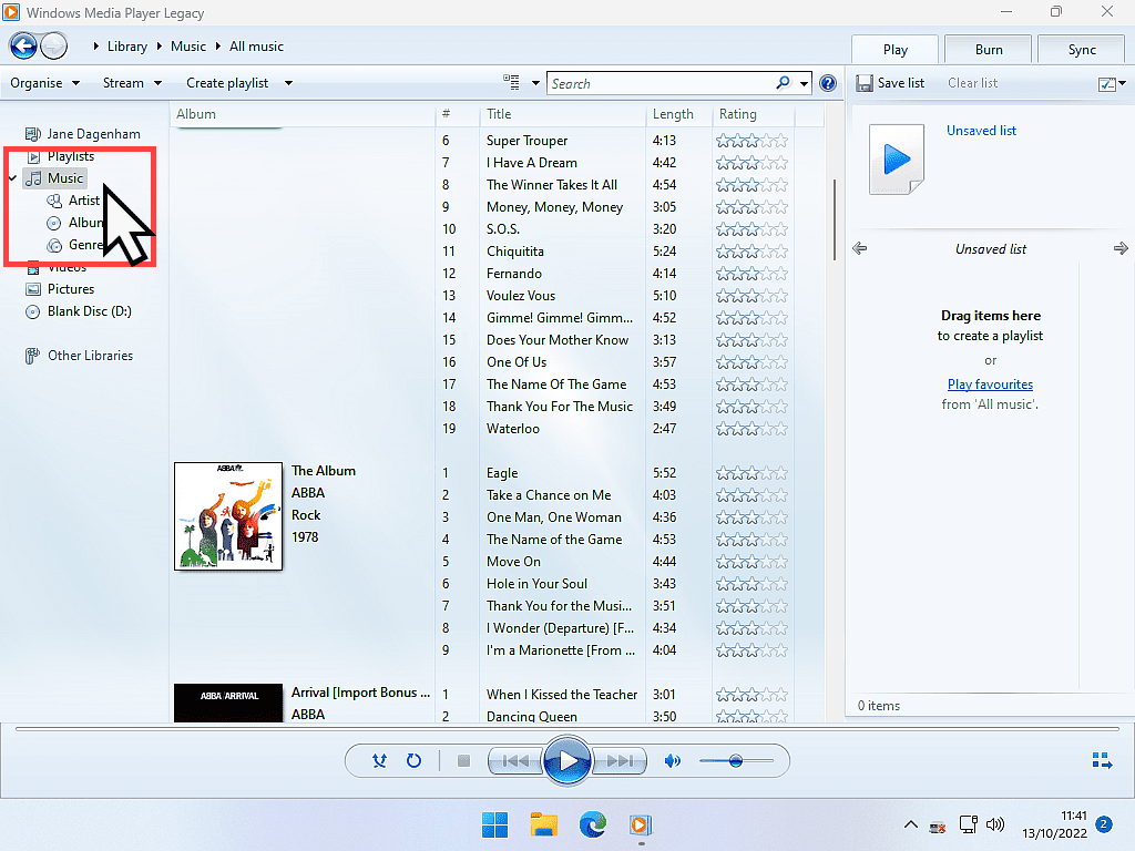 Making a music CD in Windows Media Player.