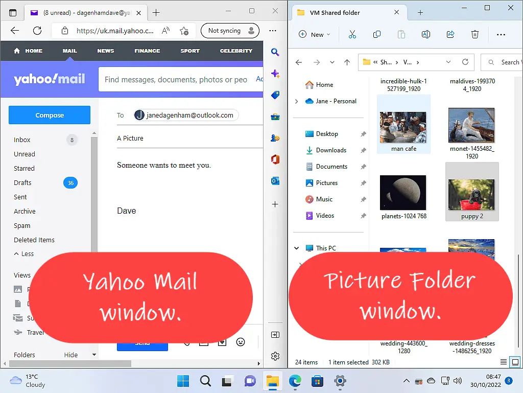 Yahoo Mail and Pictures folder windows resized to take up half the screen each.