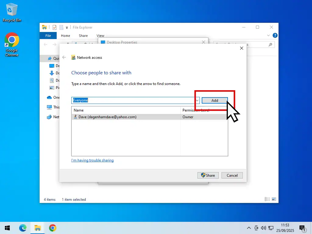 Add button indicate in Windows 10 file sharing.