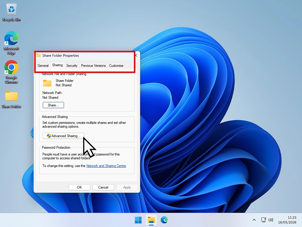 Advanced sharing Windows Advanced Folder Sharing. Share tab and Advanced Sharing indicated.