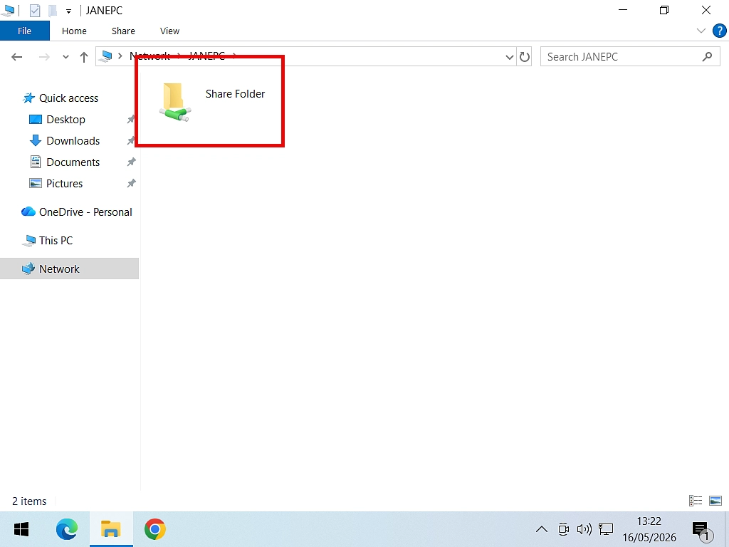 Broswe for shared folder over home network The folder that was shared earlier in this guide is visible in File Explorer.