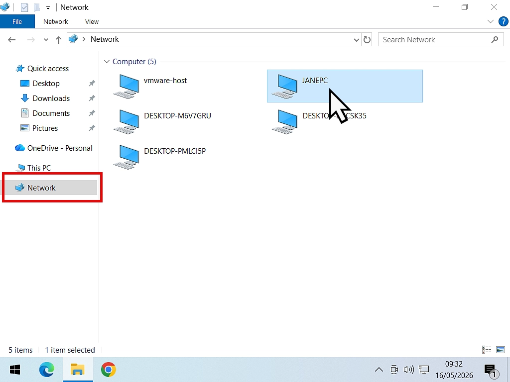 Browse network for PC In File Explorer a remote PC is being clicked on.