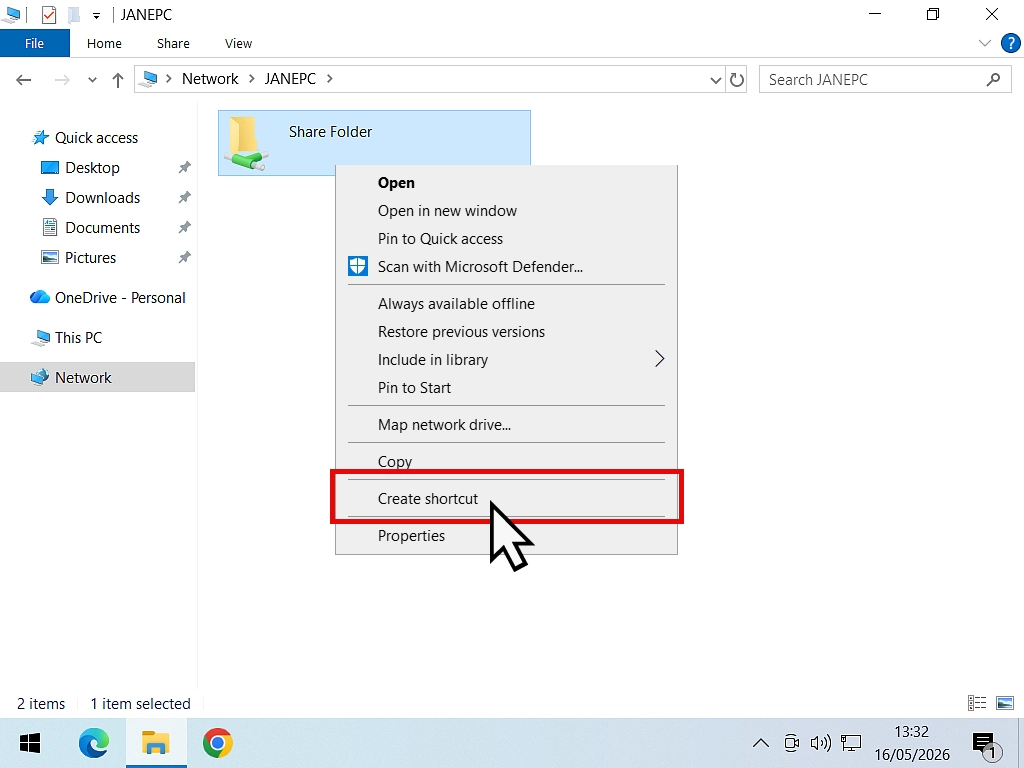 Create shortcut to networked folder Creating a shortcut to a networked folder.