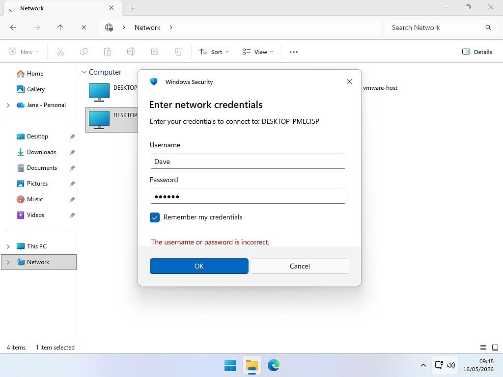Enter network credentials for Local account Username and password for a local account.