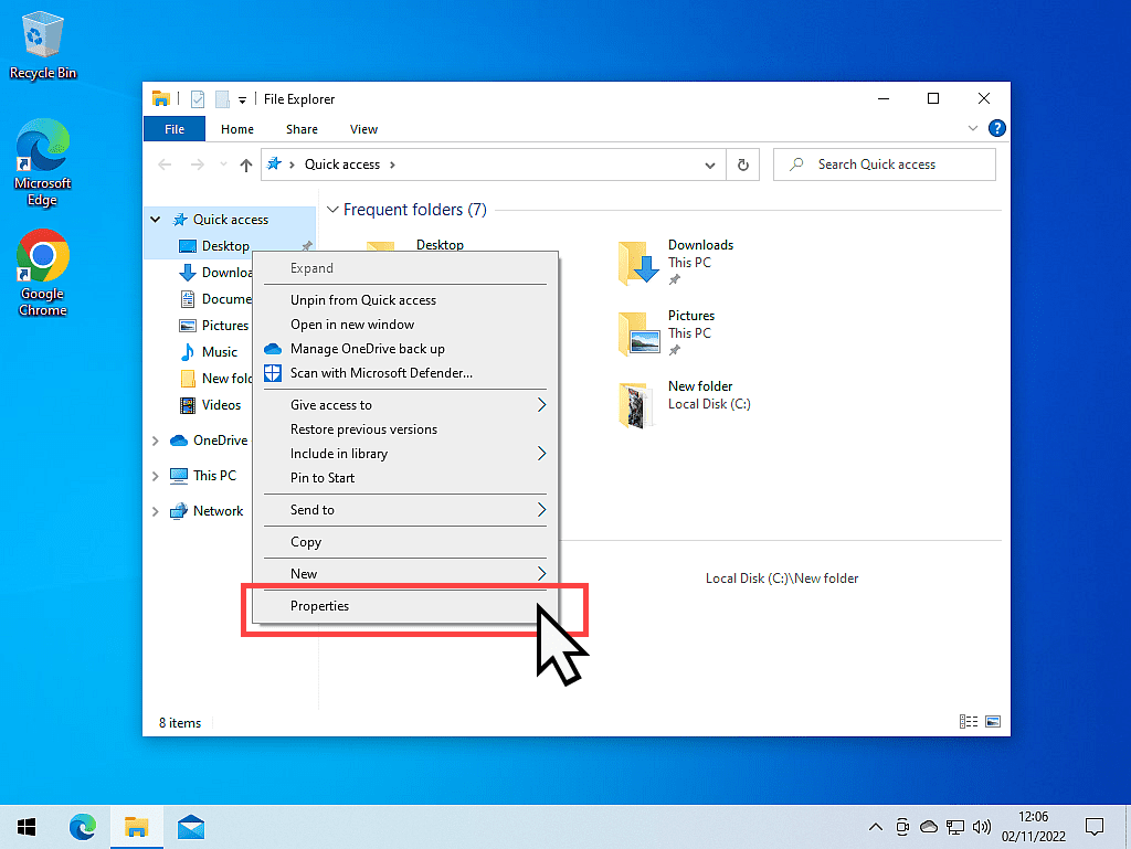 Properties is highlighted on options menu in Windows 10.