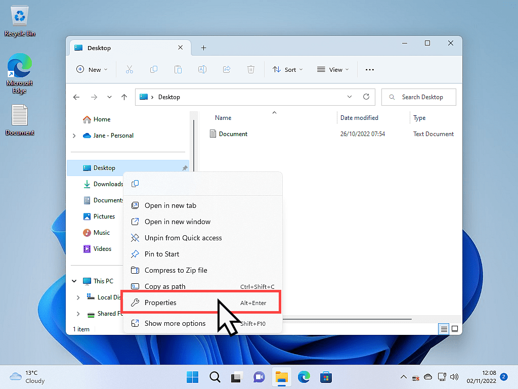 In Windows 11, the options menu is open and Properties is marked.