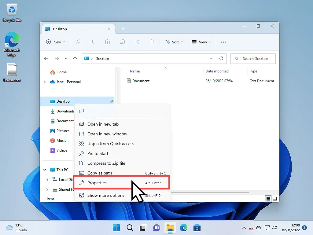 In Windows 11, the options menu is open and Properties is marked.