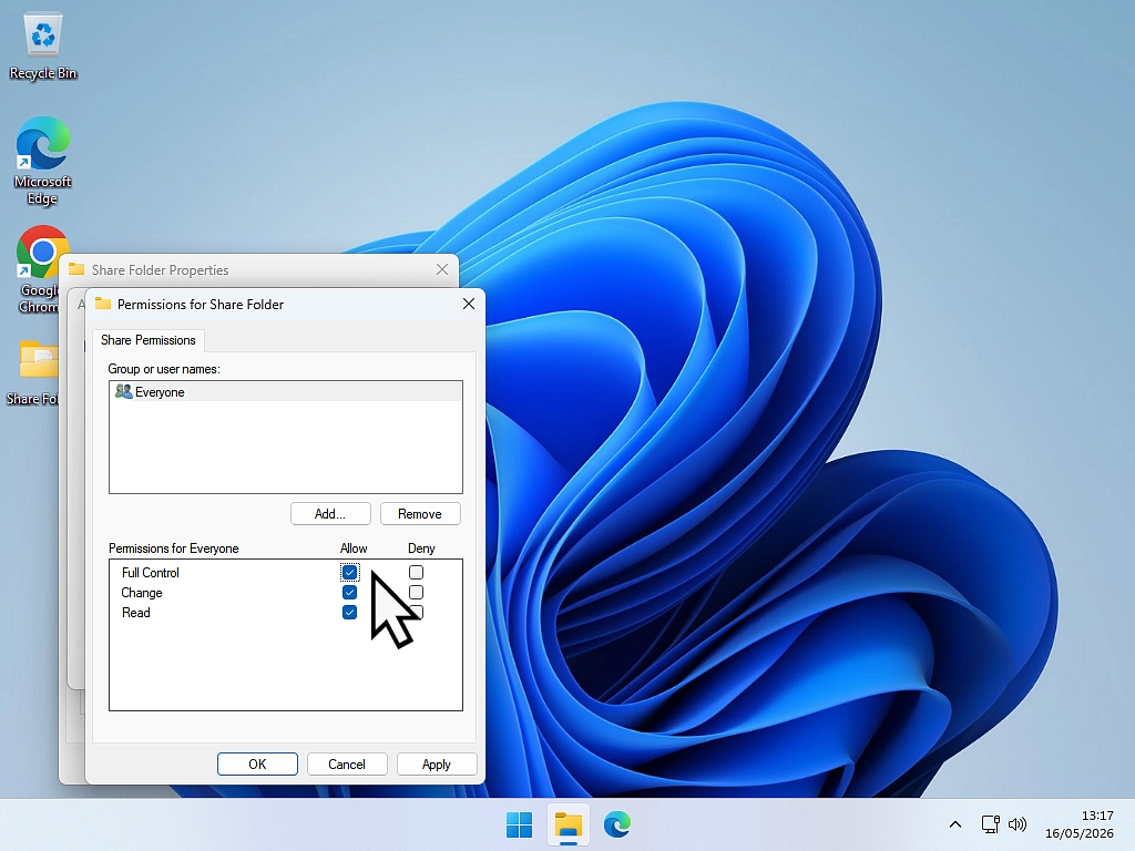 File sharing permissions Assign full control.