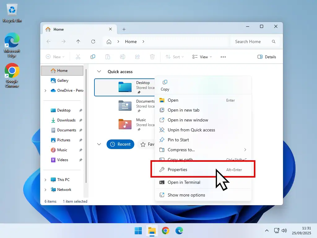 Folder properties in Windows 11.