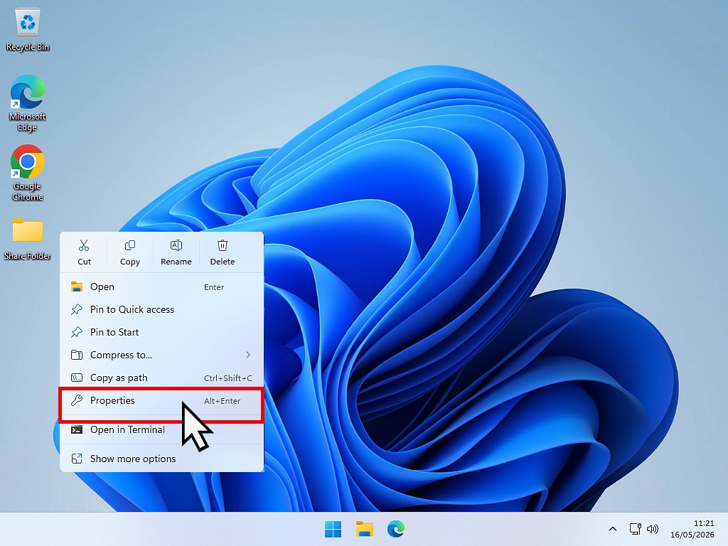 Folder sharing in Windows 11 Open the folder Properties dialogue box.
