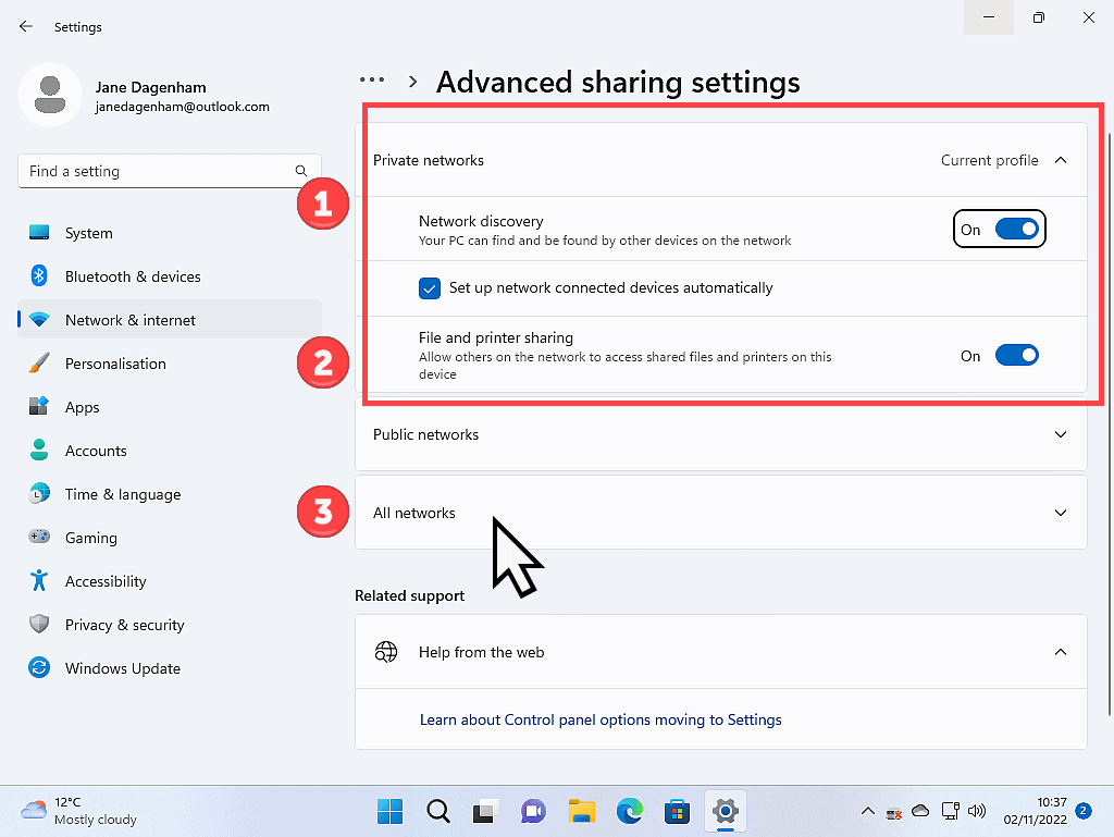 Network file sharing options for Windows 11. Network discovery, Automatic setup, File and printer sharing and All Networks are indicated.