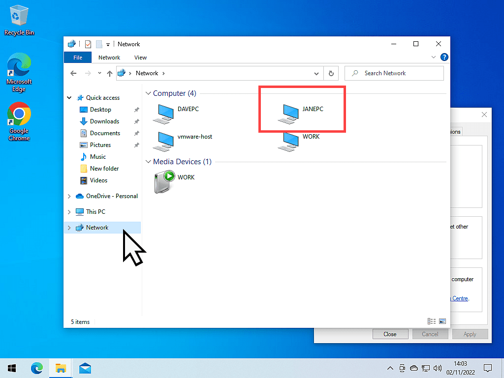 Network is indicated in navigation panel of Windows file explorer. The networked computer is highlighted.