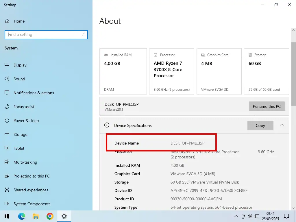 Device name in Windows 10.
