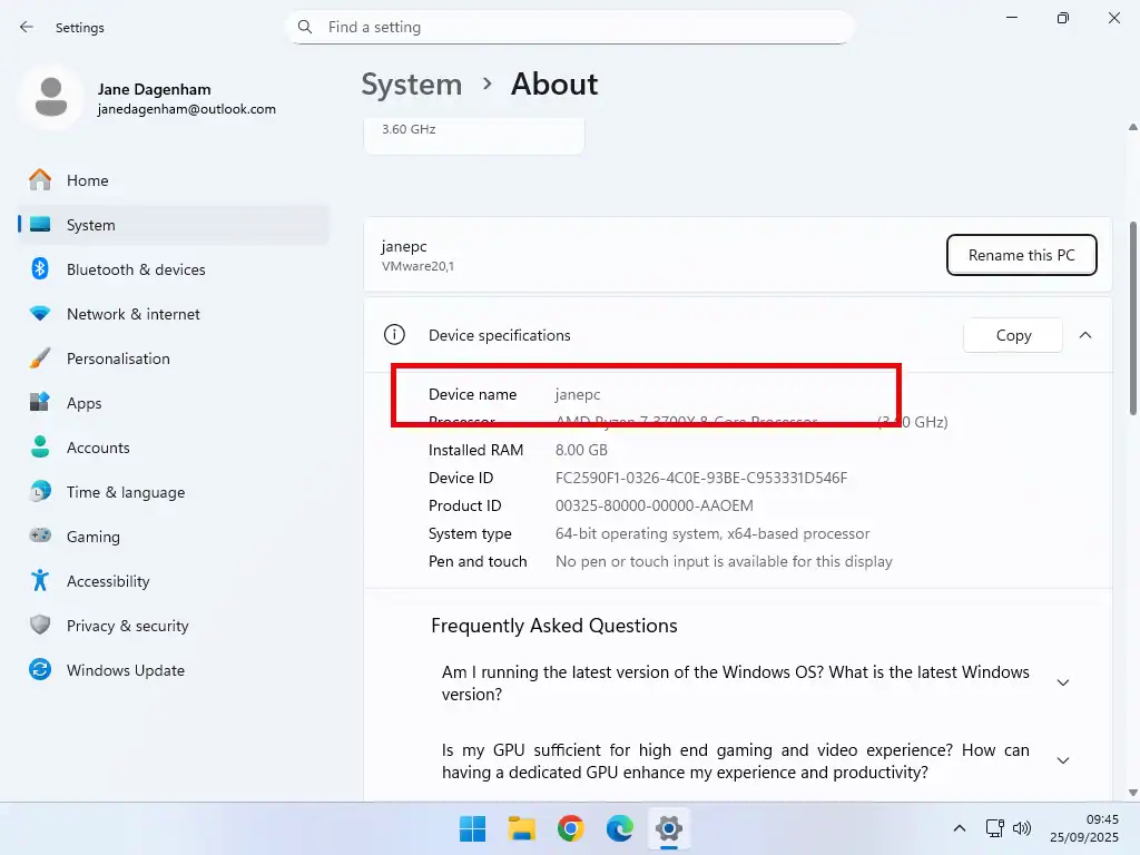 Device name in Windows 11.
