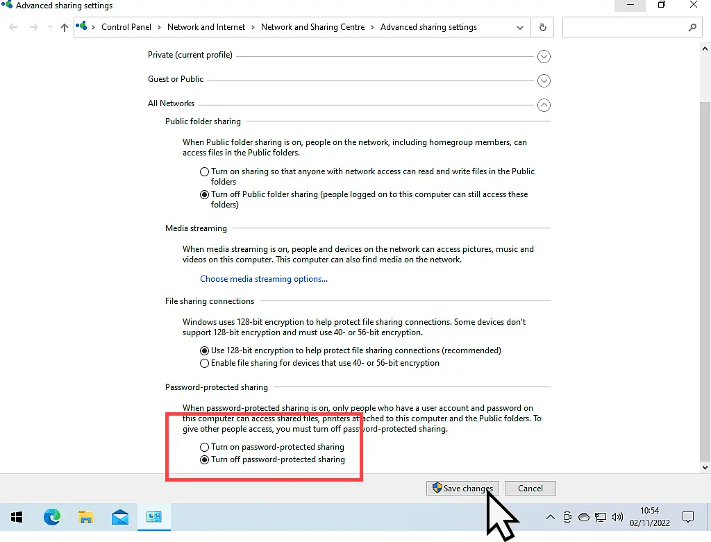 Password protected sharing is shown as being turned off in Windows 10. The Save Changes button is indicated.