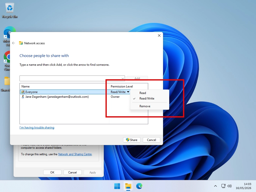 Read Write permissions Se permissions to Read/Write to allow editing of files on remote computers.