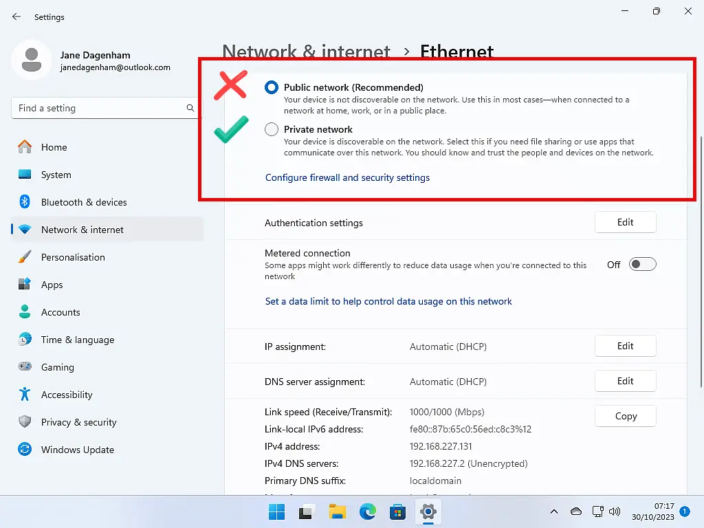 Changing network profile from Public to Private in Windows 11.