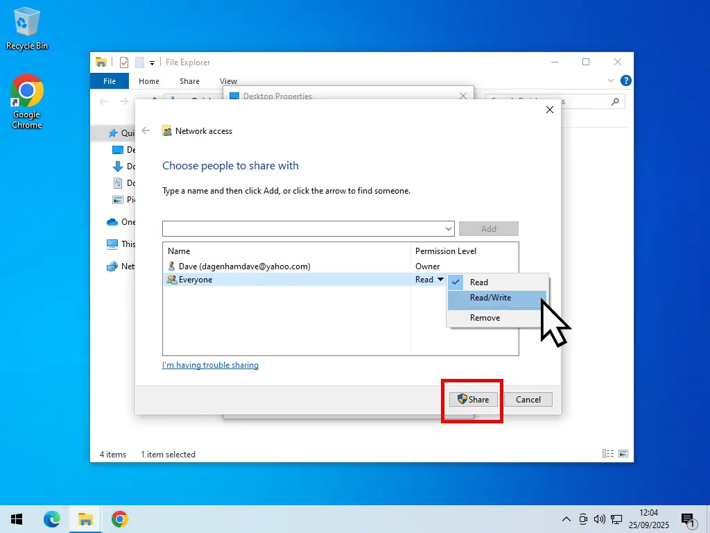 Set folder share permissions to Read/Write-Windows 10