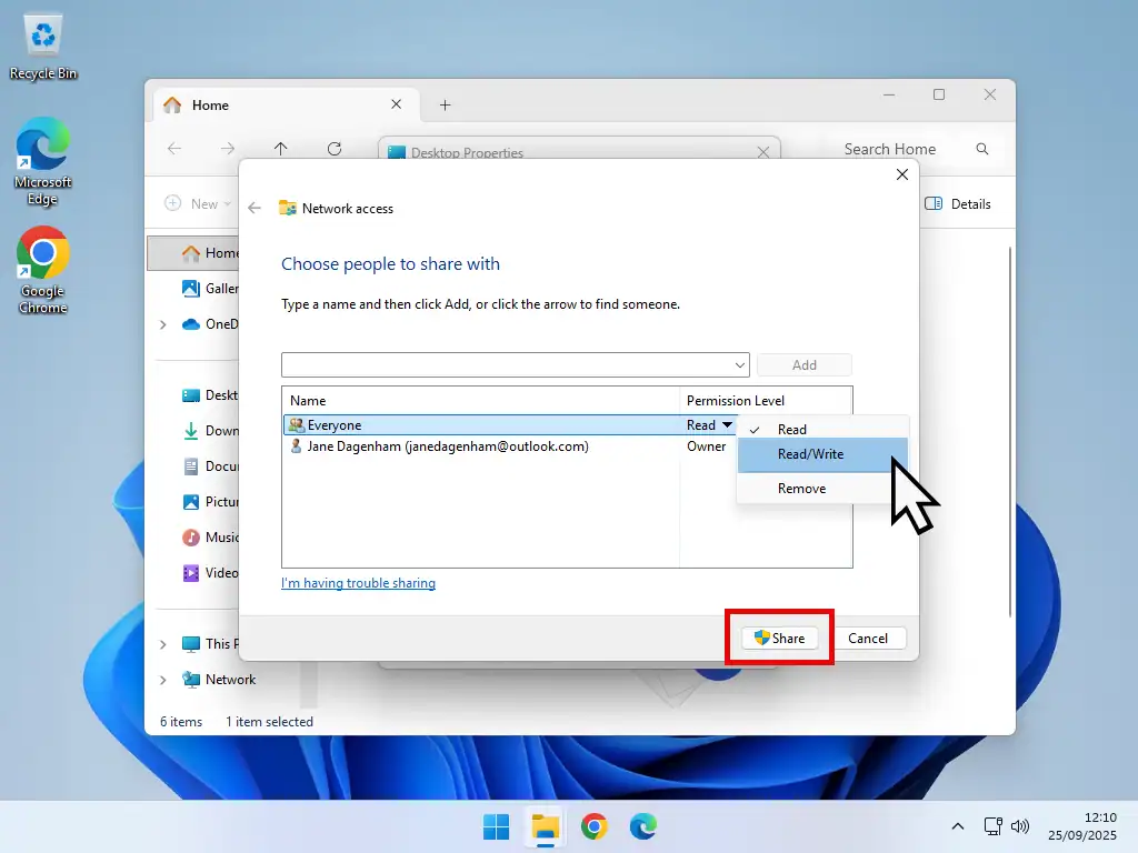 Set folder share permissions to Read/Write-Windows 11