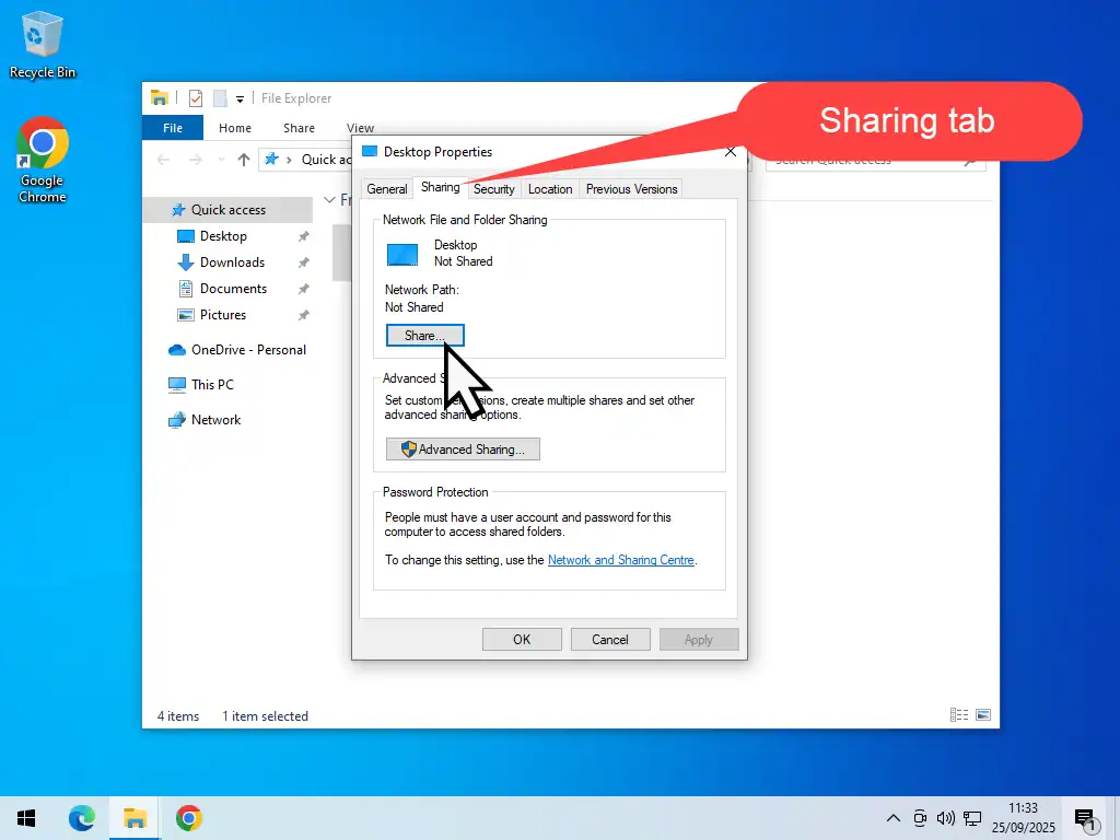 Share tab and Share button are marked in Windows 10 folder properties.