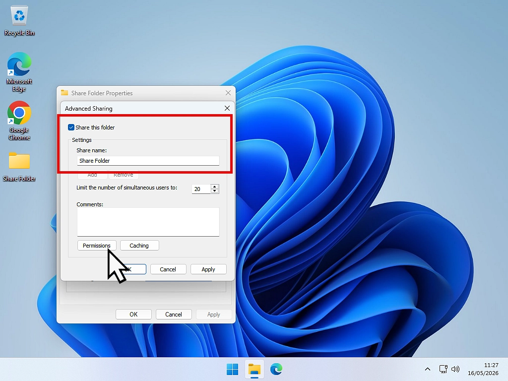 Share this folder Share this folder selected and Permissions button.
