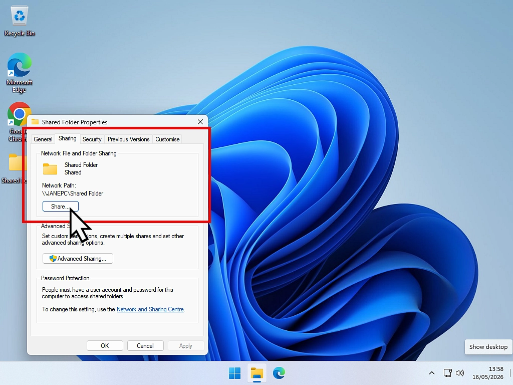 Sharing all folders over network Network setup. folder sharing.