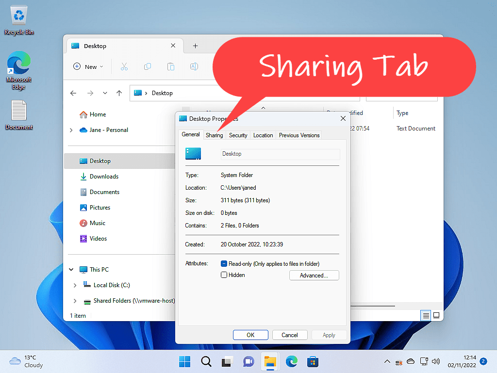 Windows 11 folder properties box. Sharing tab is indicated by a callout.