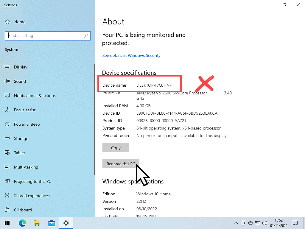 Windows 10 about page. Device name is highlighted.