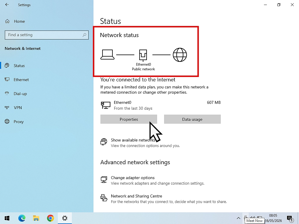 Windows 10 network status Checking the network status of a Windows 10 PC before setting up a home network.
