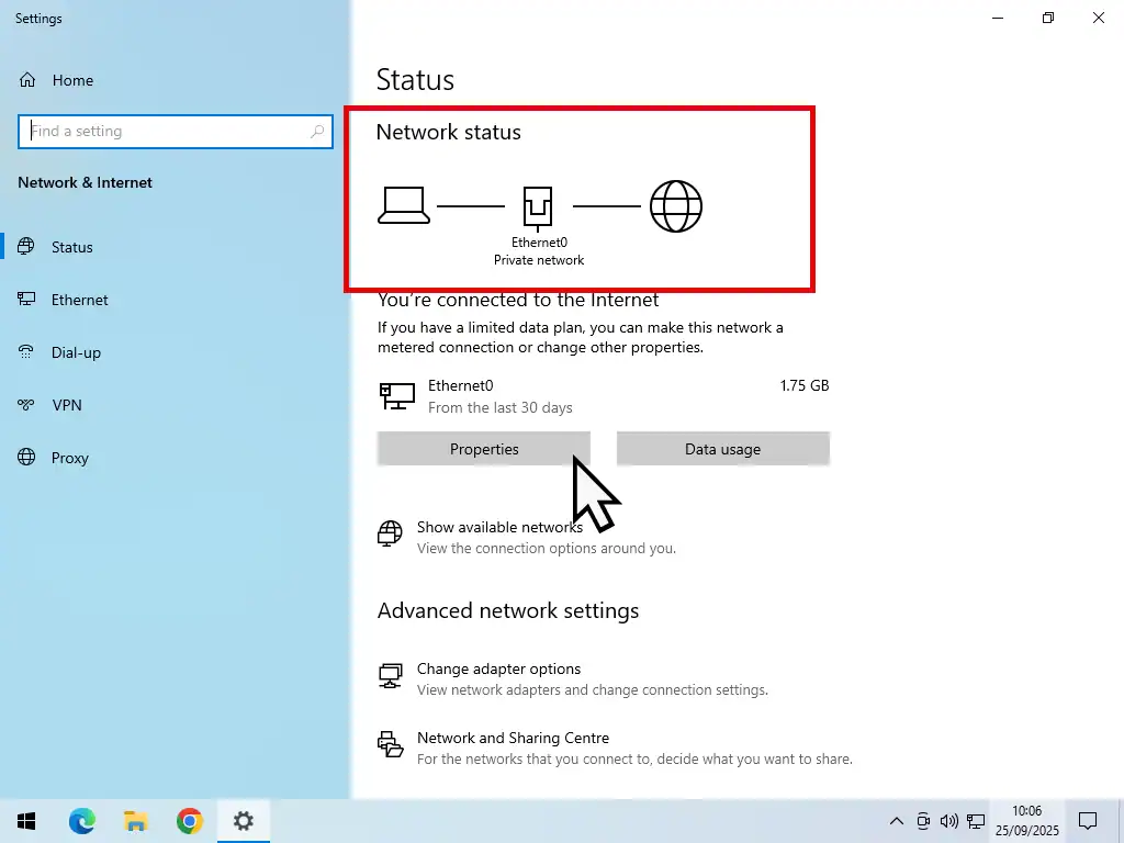 Windows 10 network status indicated. The Properties button is marked.