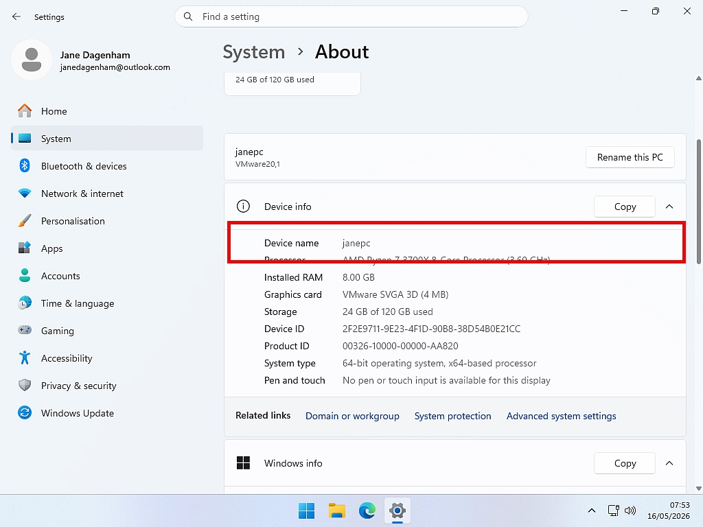 Windows 11 home network set up Finding the Device Name to add a Windows 11 PC to a home network.